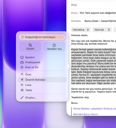 Yazma Ara?lar? kullan?l?yor, bir mail’de uzun bir paragraf vurgulan?yor, Yazma Ara?lar? menüsünde yan?nda madde i?aretli liste simgesi bulunan ?nemli Noktalar se?ene?inin se?ili oldu?u g?steriliyor