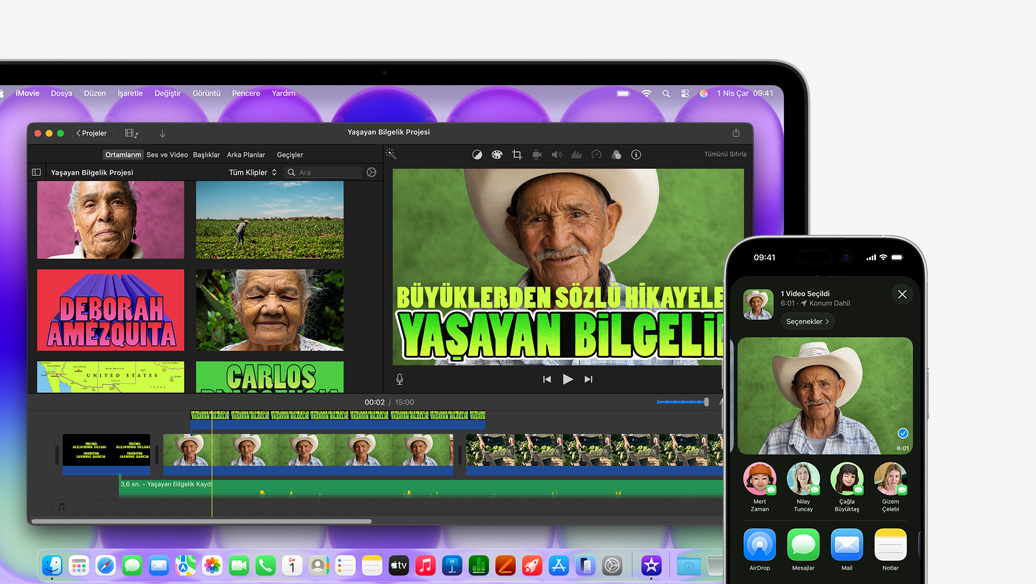 MacBook Neo, gümü? rengi, ekranda Ya?ayan Bilgelik Projesi ba?l?kl? iMovie penceresi yer al?yor, yan?ndaki iPhone’un ekran?nda ise iMovie penceresindeki ki?ilerden birinin videosu g?steriliyor, videonun alt?nda aralar?nda AirDrop’un da bulundu?u payla??m se?enekleri listeleniyor
