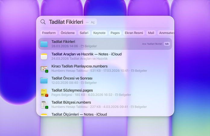 Spotlight kullan?l?yor, tadilat fikirleri arama sorgusu, tadilatla ilgili ?e?itli klas?rler ve belgelerin yer ald??? arama sonu?lar?