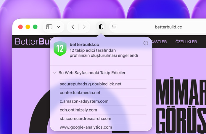 Gizlilik Raporu ?zelli?i kullan?l?yor, Safari’nin kullan?c?n?n profilinin ??kar?lmas?n? engelledi?i siteler aras? izleme faaliyetlerinin listesi g?steriyor