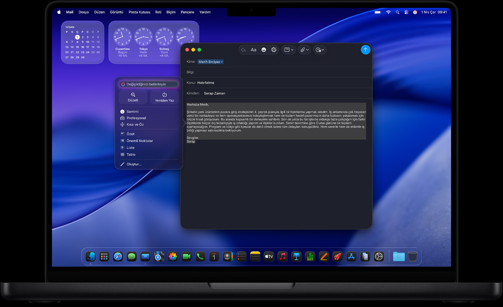 Bir mailin düzenlenmesinde kullan?lan Apple Intelligence Yazma Ara?lar?