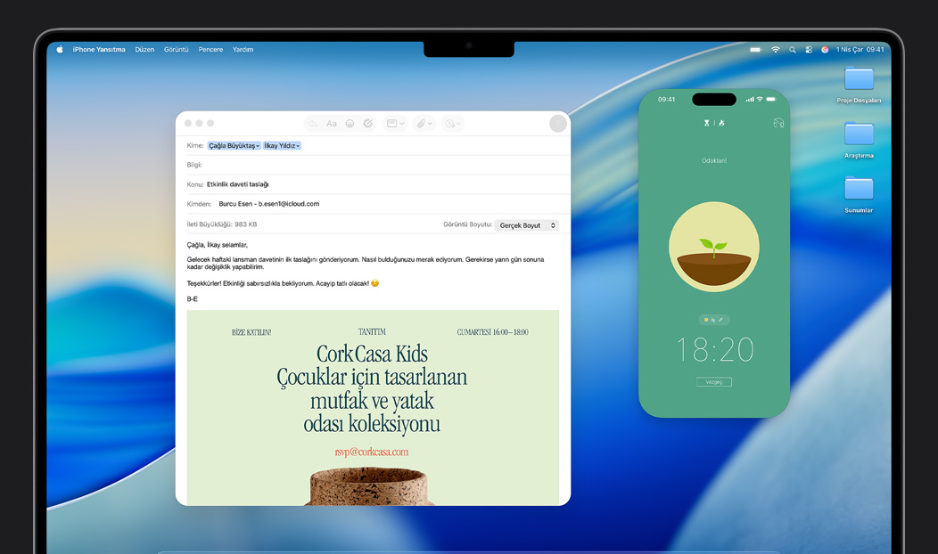 MacBook Pro, Mail uygulamas? a??k, MacBook Pro ekran?na yans?t?lan iPhone ekran?nda Forest uygulamas? g?steriliyor