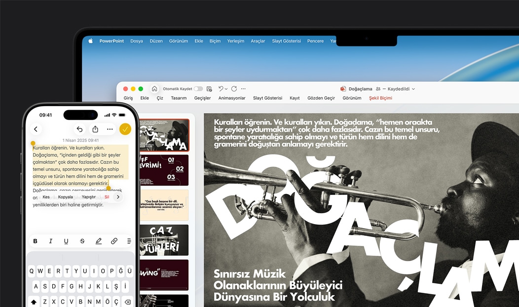 iPhone 16 Plus’ta Notlar uygulamas? a??k ve bir metin se?ili, MacBook Pro’da Microsoft PowerPoint slayt? a??k, slaytta Notlar uygulamas?ndaki metin g?rülüyor