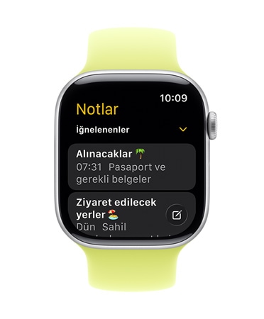 Apple Watch Series 11, kadranda Notlar uygulamas? ve iki adet ??nelenmi? not g?rünüyor