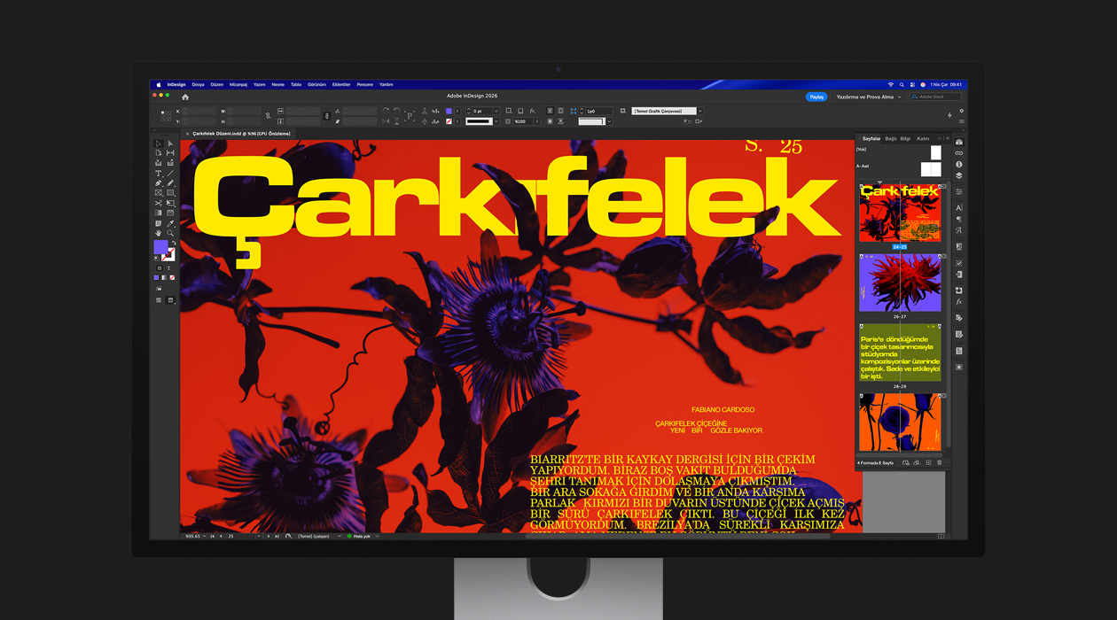P3 + Adobe RGB renk alan?n?n vurguland??? canl? renklere sahip bir dergi sayfas?n?n g?sterildi?i Adobe InDesign 2026 dosyas?
