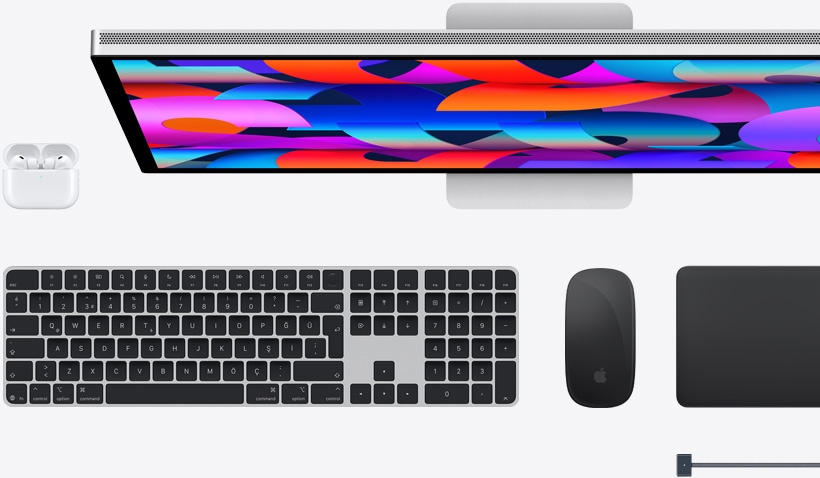 Mac aksesuarlar?: AirPods, Studio Display, Magic Keyboard, Magic Mouse, Magic Trackpad, MagSafe ?arj kablosu