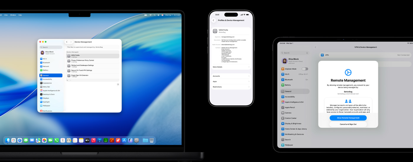 畫面展示三部 Apple 裝置：左側(cè)的 Mac 電腦顯示裝置管理視窗。中間的 iPhone 顯示 MDM (行動(dòng)裝置管理) 描述檔設(shè)定。右側(cè)的 iPad 顯示遠(yuǎn)端管理視窗。