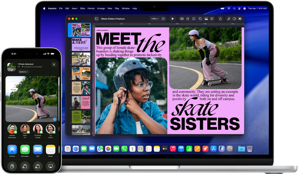 iPhone 16 Plus 展示打開的照片 app，13 吋 MacBook Air 展示打開的 Keynote 幻燈片，幻燈片上可看到 iPhone 上的同一張照片