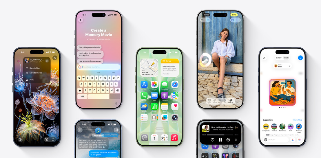 Багато пристро?в iPhone?17 ??17?Pro, на?кожному екран? демонструються функц?? iOS?26 та?Apple?Intelligence