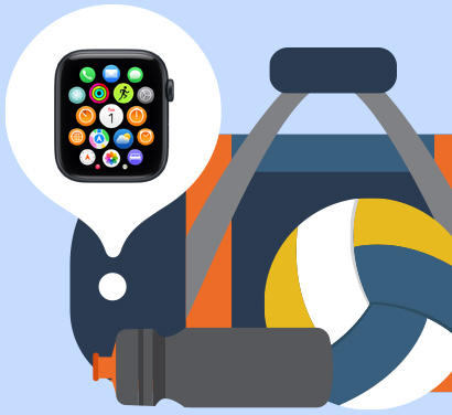 Illustrasjon av en bag. Over den vises en boble med en Apple Watch inni for ? vise at enheten er i bagen.