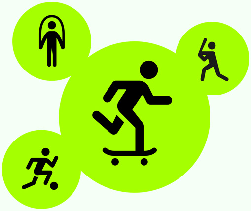 Bilde av strekfigurer som gj?r ulike treningstyper: hoppe tau, baseball, skateboard og fotball.