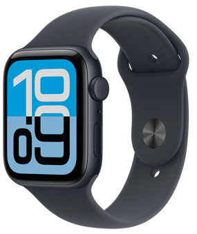 Apple Watch SE 3 med urkasse av aluminium i midnatt og Sport Band i midnatt med s?lvfarget l?sepinne viser Flux-urskiven p? skjermen. P? h?yre side av urkassen vises Digital Crown, mikrofonen og sideknappen.