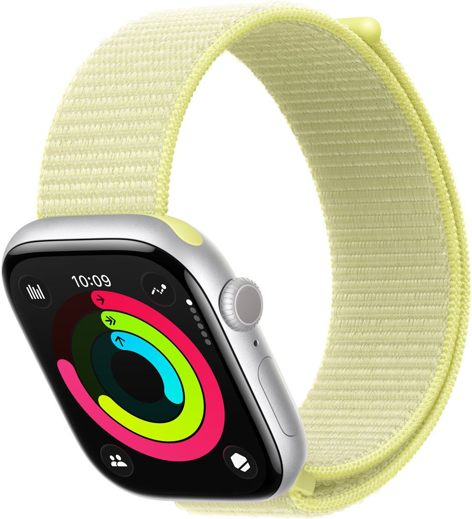 Apple Watch Series 11, sudraba krāsa, alumīnija ietvars, aktivitātes ri??i: izkustē?anās, treni?? un stāvē?ana, labais sāns, Digital Crown ritināmā poga, sānu poga, mikrofons, siksni?a, Sport Loop, neona dzeltenā krāsā