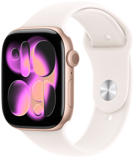 Apple Watch Series 11, zeltrozā krāsa, alumīnija ietvars, Responsive Art ciparnīca, labais sāns, Digital Crown, mikrofons, sānu poga, sporta siksni?a, iesārta krāsa, sudraba krāsas aizdare