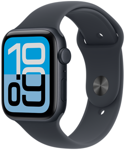 Apple Watch SE?3, alumīnija ietvars, pusnakts krāsa, Flux ciparnīca, labais sāns, Digital Crown, mikrofons, sānu poga, pusnakts krāsas sporta siksni?a, pusnakts krāsas aizdare