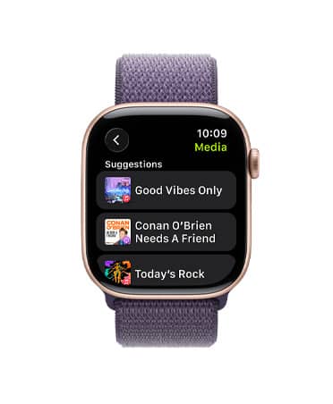 Apple Watch Series?11, zeltrozā krāsa, alumīnija ietvars, Apple?Music, mūzikas un podkāstu ieteikumi, labais sāns, Digital Crown, siksni?a, dūmakaini violeta sporta aproce