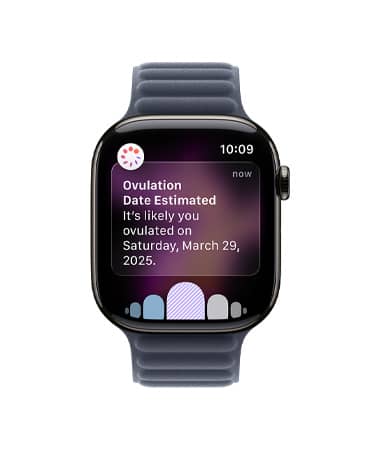 Apple Watch Series 11, slānek?a pelēka krāsa, titāna ietvars, Cycle Tracking pazi?ojums par ovulācijas datuma aprē?inu Health aplikācijā, Digital Crown, siksni?a, Magnetic Link, tum?zila krāsa