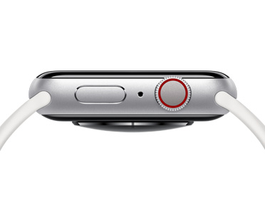P? h?yre side p? en Apple Watch i s?lv vises sideknappen, mikrofonhullet og Digital Crown.
