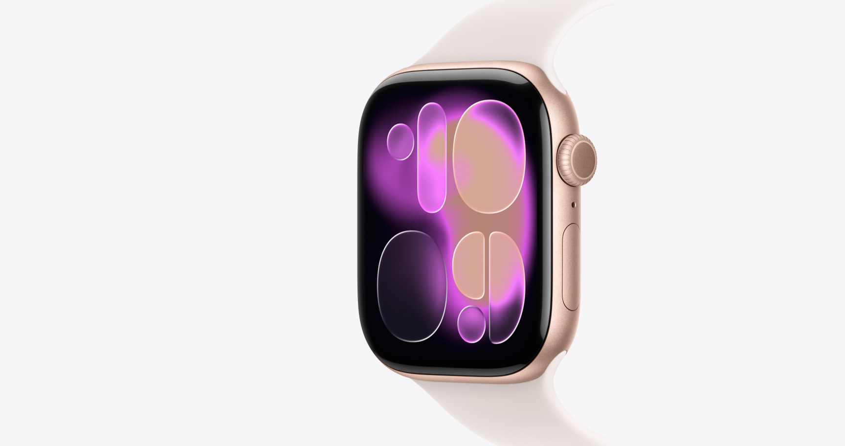 Apple Watch Series 11, zeltrozā krāsa, alumīnija ietvars, Responsive Art ciparnīca, labais sāns, Digital Crown, mikrofons, sānu poga, sporta siksni?a, iesārta krāsa