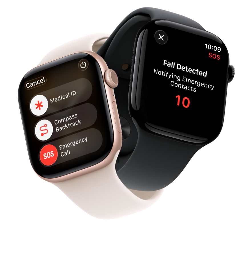 Apple Watch Series 11 pulkste?i, alumīnija ietvari, zeltrozā un pulētā supermelnā krāsā, ekrānā redzamas dro?ības funkcijas: medicīniskais ID, Backtrack funkcija Compass aplikācijā, palīdzības izsaukums ārkārtas situācijās, sporta siksni?as, iesārta un melna krāsa