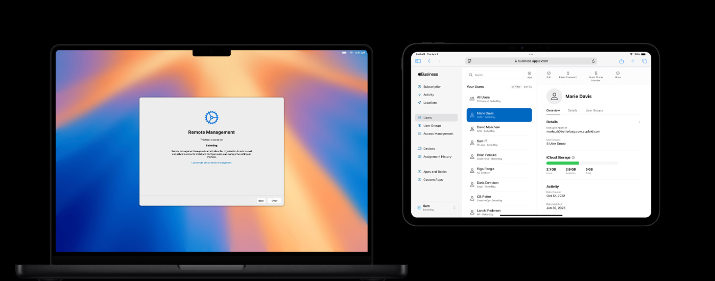 En Mac, en iPhone og en iPad viser en sk?rm med ressourcestyring.