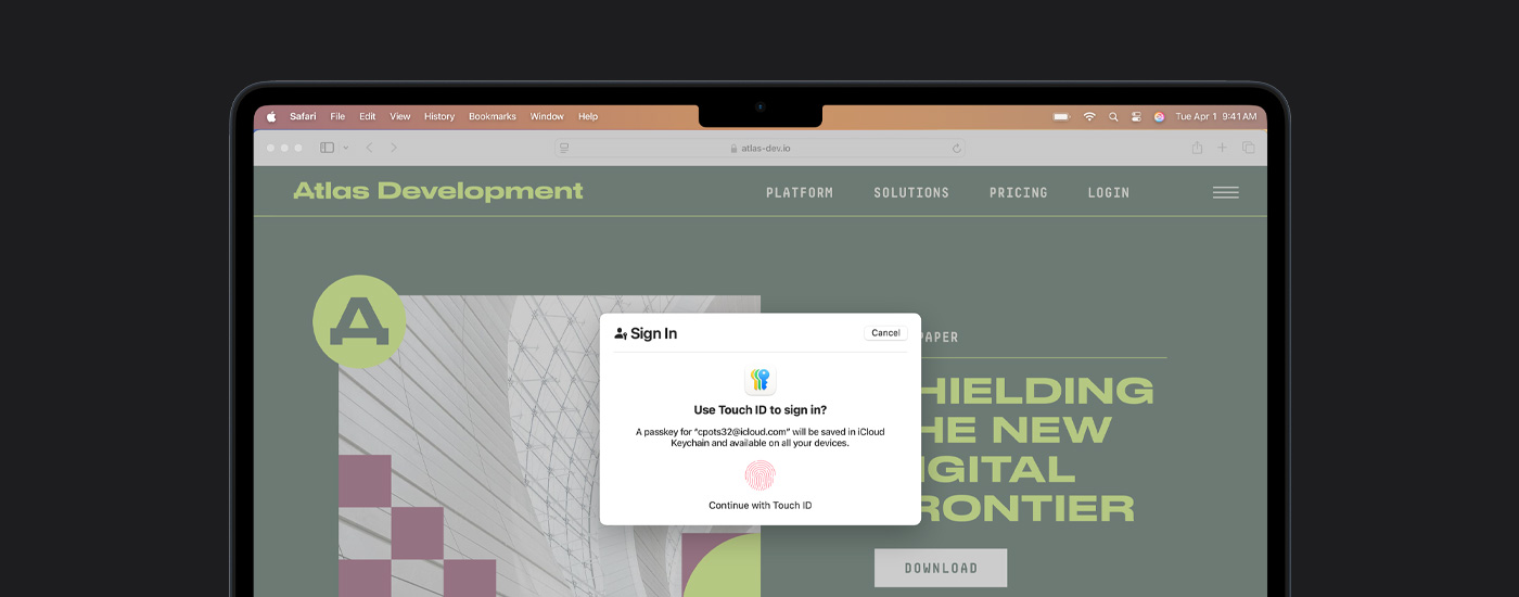 Touch ID-vindue p? en Mac-sk?rm. Bag vinduet er der en pr?sentation.