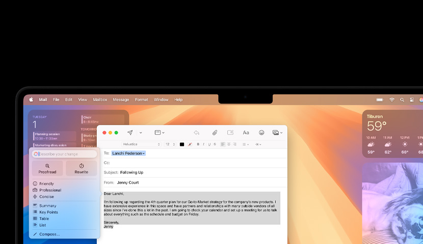 En arbejdsmail p? et Mac-skrivebord med et forslag fra Apple Intelligence. Bag mailvinduet er der en Kalender-widget.