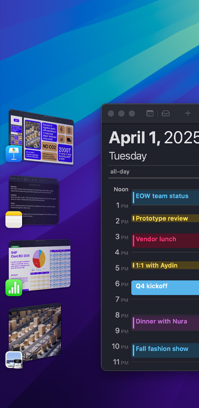 Forskellige iOS-apps vist p? et skrivebord, herunder Kalender-appen, som er den mest fremtr?dende. Den viser en oversigt over dagens aftaler.