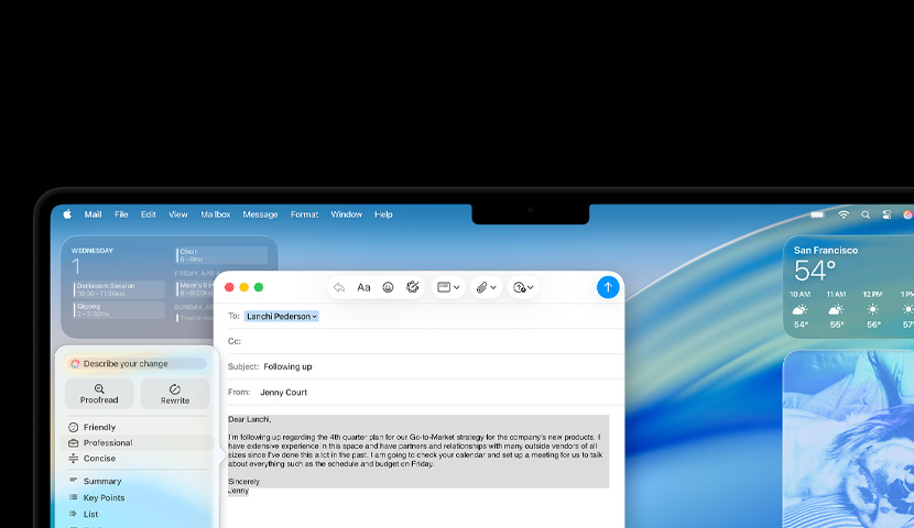 Màn hình máy tính Mac ?ang hi?n th? email c?ng vi?c có m?t cau l?nh Apple Intelligence. Phía sau c?a s? email là ti?n ích L?ch.