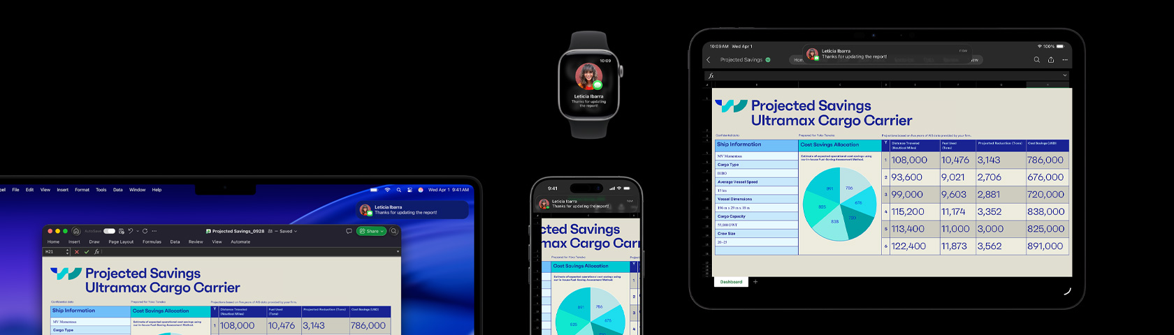 A spreadsheet and text message displayed on a suite of devices, including iPhone, iPad, Apple Watch and Mac, which shows macOS Tahoe.