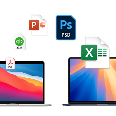 Widok z przodu na dwa stoj?ce obok siebie MacBooki z ró?nymi kolorowymi tapetami. Nad MacBookami wida? ikony plików u?o?one w ?uku. W?ród ikon plików znajduj? si? pliki Acrobat, QuickBooks, PowerPoint, Photoshop i Excel.
