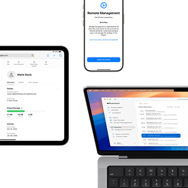 iPad, iPhone i MacBook z wy?wietlonymi ró?nymi elementami platformy Apple Business Manager.