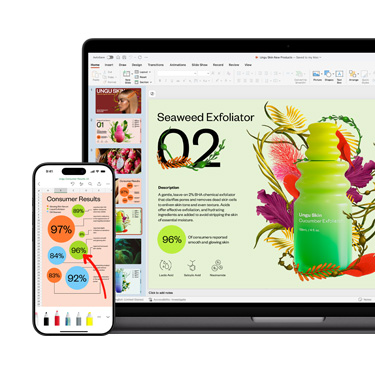 Widok z przodu na Maca i iPhone’a, które wy?wietlaj? ró?ne sekcje tej samej barwnej prezentacji po?wi?conej produktowi do piel?gnacji skóry.