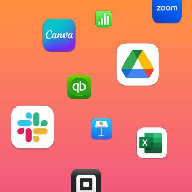 Ikony aplikacji zwi?kszaj?cych produktywno?? na kolorowym tle, w tym Slack, Canva, Google Workspace, Zoom, QuickBooks, Keynote, Excel, Square i Numbers.