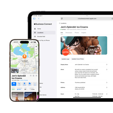 Widok z przodu na iPada z otwart? platform? Apple Business Connect wykorzystywan? w firmie. Przed iPadem znajduje si? iPhone z wy?wietlonym profilem firmy w Mapach.