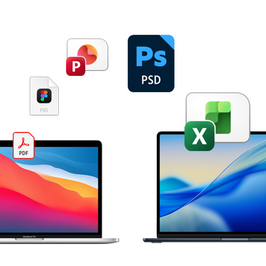 Imagem da parte da frente de dois computadores MacBook com diferentes fundos de tela coloridos. ícones de arquivos, como Acrobat, Figma, PowerPoint, Photoshop e Excel est?o dispostos em arco acima dos aparelhos