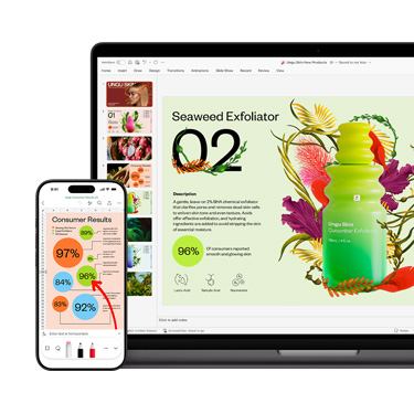Imagem da parte da frente de um Mac e um iPhone exibindo diferentes se??es da mesma apresenta??o vibrante e colorida, focada em um produto para a pele