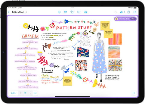 In the Freeform app on iPad, several sticky notes are shown on a board labeled Pattern Study
