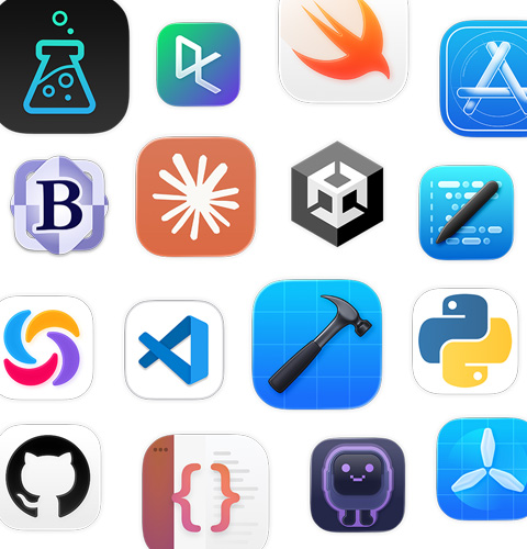 Een reeks symbolen voor programmeerapps, waaronder Unity Editor, DataCamp, Swift Playground en Apple Developer.