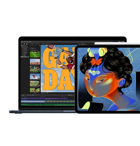 Mac-scherm toont Final Cut Pro, iPad-scherm toont Procreate Dreams