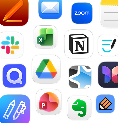Een reeks symbolen van productiviteitsapps, waaronder Google Drive, Evernote, Slack en Quizlet