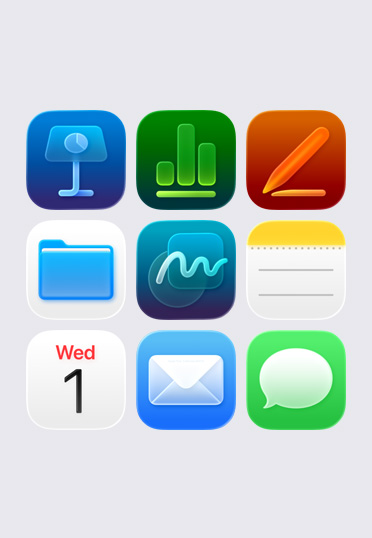 Apple appsymbolen, gerangschikt in een 3x3 raster, waaronder: Keynote, Numbers, Pages, Bestanden, Notities en Agenda.