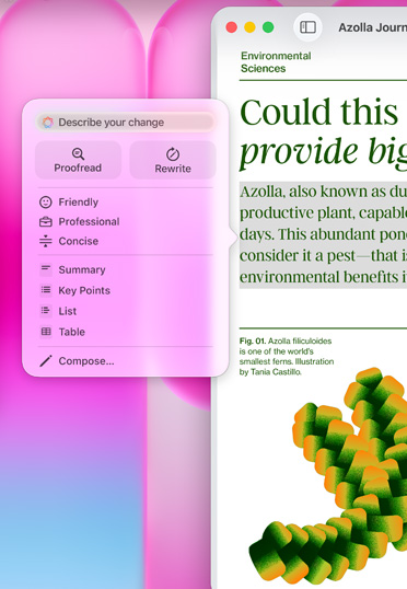 Een artikel in Pages, met een Apple Intelligence-prompt met opties om de gemarkeerde tekst samen te vatten, beknopter te maken en meer.