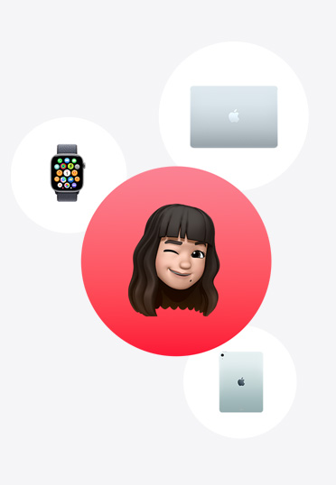 ??ng h? Apple, MacBook, iPad, bao quanh m?t Memoji trong vòng tròn màu ??.