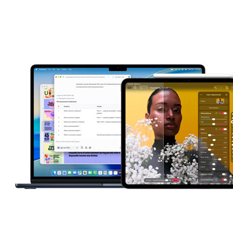 Tela do Mac exibindo a Apple Intelligence, e tela do iPad exibindo o Pixelmator Pro
