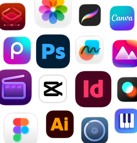 Uma variedade de ícones de apps de criatividade, incluindo Adobe Illustrator, Canva, CapCut e Figma