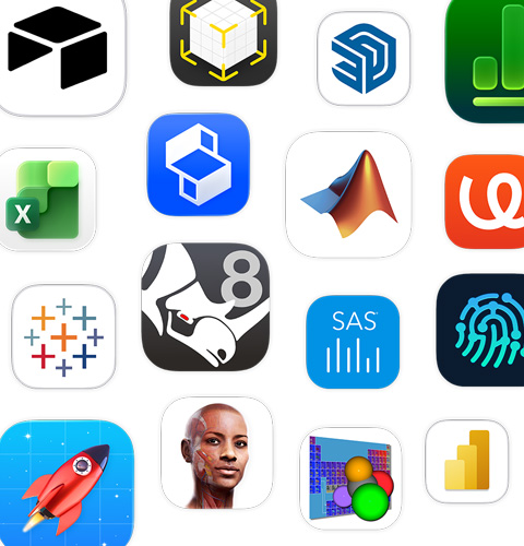 Uma variedade de ícones de apps STEM, incluindo Shapr3D, MATLAB, uMake, Tableau e AutoCAD