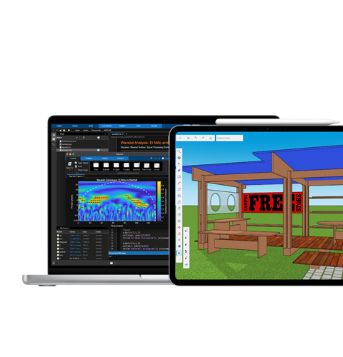 Tela do Mac exibindo o MATLAB, e tela do iPad exibindo o SketchUp