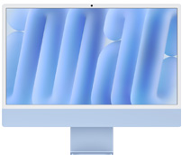 Parte da frente do iMac azul, com camera na parte superior central e papel de parede abstrato azul na tela