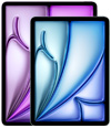 Parte da frente de dois aparelhos iPad Air em tamanhos diferentes, com o menor à frente do maior, exibindo padr?es em degradê vibrantes em roxo e azul